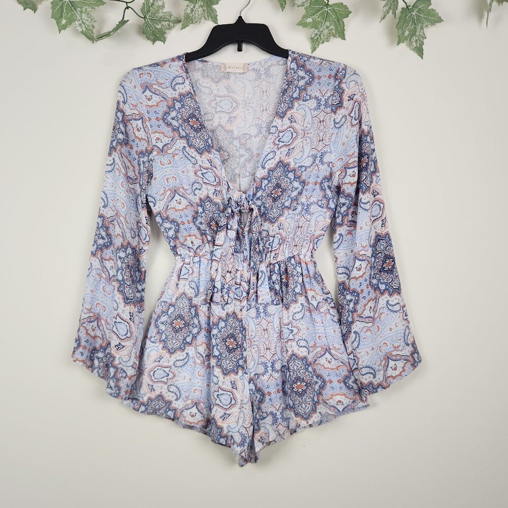 Altar'd State Size S Tie Front Long Bell Sleeve Multicolor Boho Paisley Romper